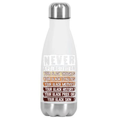 Never Apologize Black History Month Blm Melanin Pride Afro Stainless Steel Insulated Water Bottle