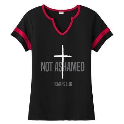 Not Ashamed Cross Inspirational Christian Religious Bible Ladies Halftime Notch Neck Tee