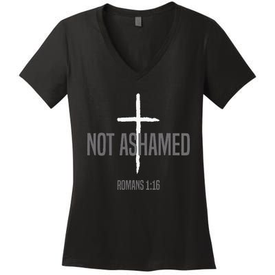 Not Ashamed Cross Inspirational Christian Religious Bible Women's V-Neck T-Shirt