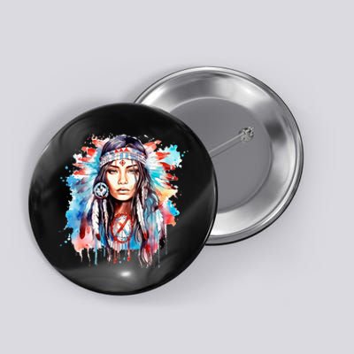 Native American Day Indigenous Girl With Feathers Button