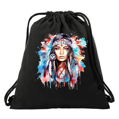 Native American Day Indigenous Girl With Feathers Drawstring Bag