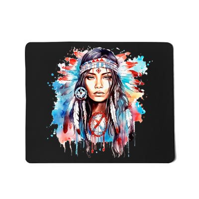 Native American Day Indigenous Girl With Feathers Mousepad