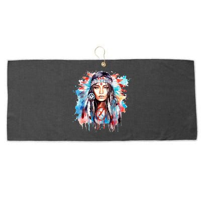 Native American Day Indigenous Girl With Feathers Large Microfiber Waffle Golf Towel