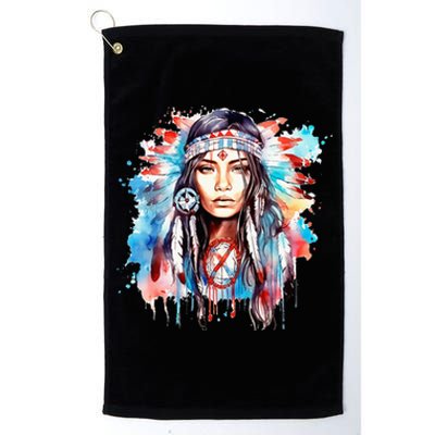 Native American Day Indigenous Girl With Feathers Platinum Collection Golf Towel