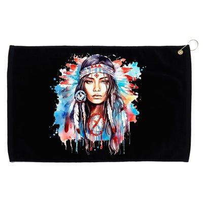 Native American Day Indigenous Girl With Feathers Grommeted Golf Towel