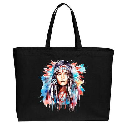 Native American Day Indigenous Girl With Feathers Cotton Canvas Jumbo Tote