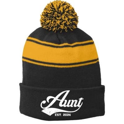 New Aunt Est 2024 Sporty Family Stripe Pom Pom Beanie