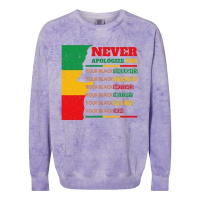 Never Apologize For Your Blackness Juneteenth Black Pride Colorblast Crewneck Sweatshirt