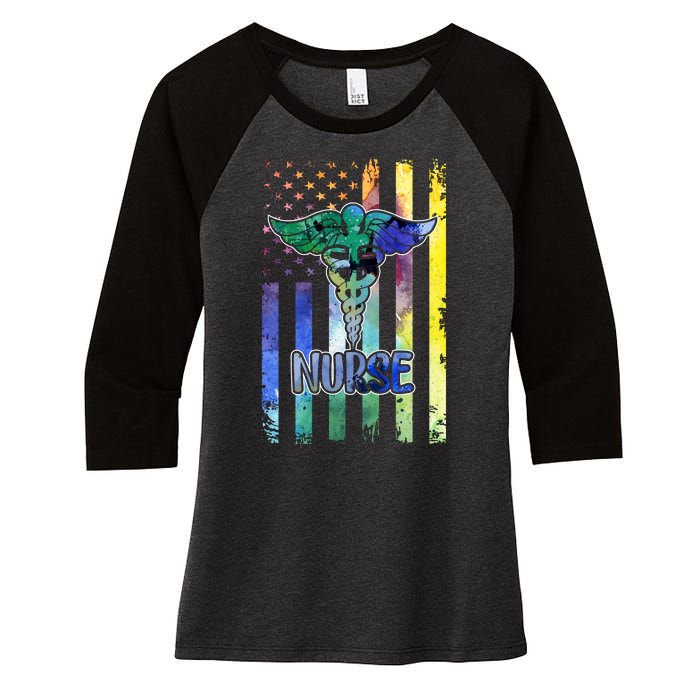 Nurse American Flag Women's Tri-Blend 3/4-Sleeve Raglan Shirt