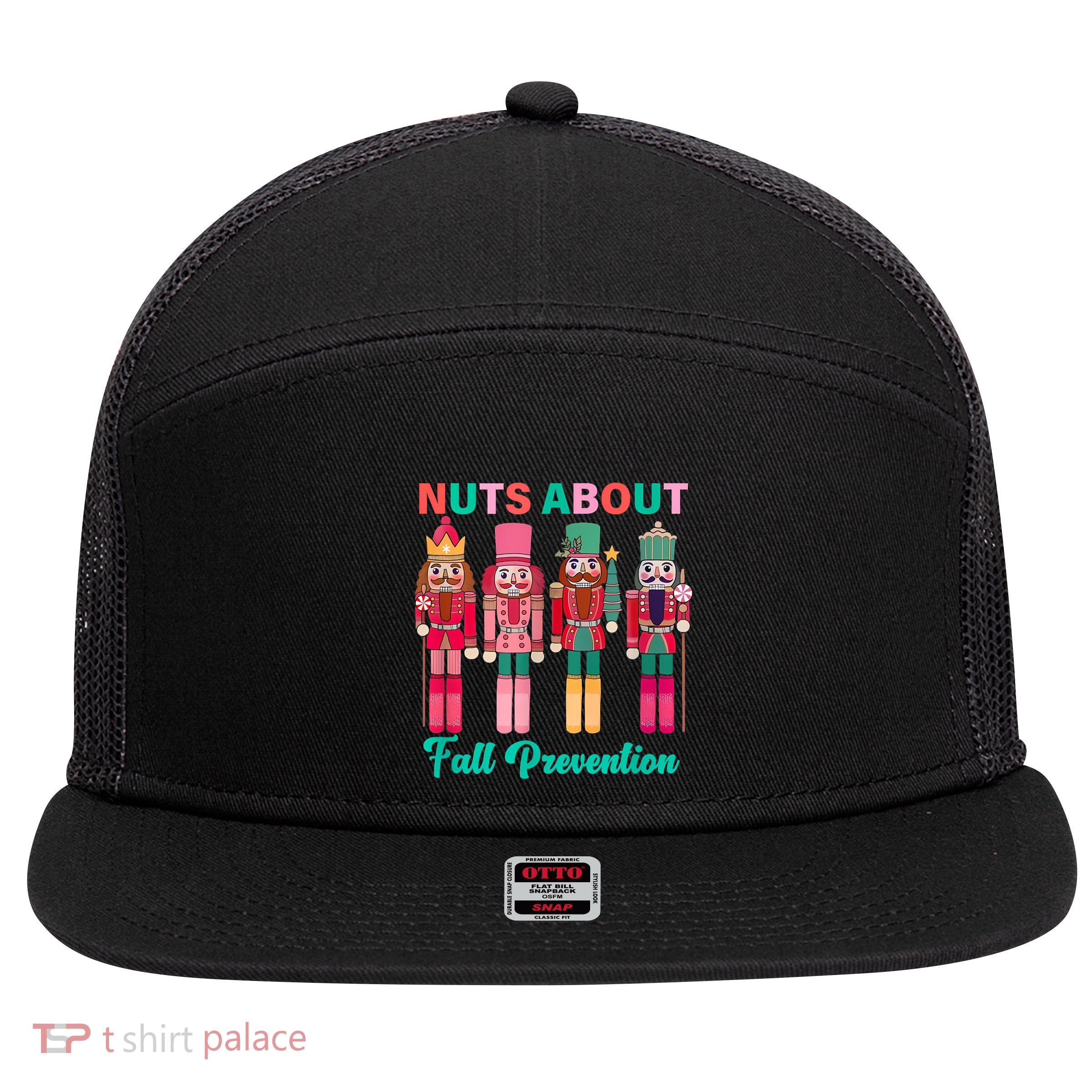 Nuts About Fall Prevention Funny Nutcracker Holiday 7 Panel Mesh Trucker Snapback Hat