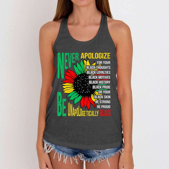 Never Apologize For Your Blackness Black History Juneteenth Women's Knotted Racerback Tank