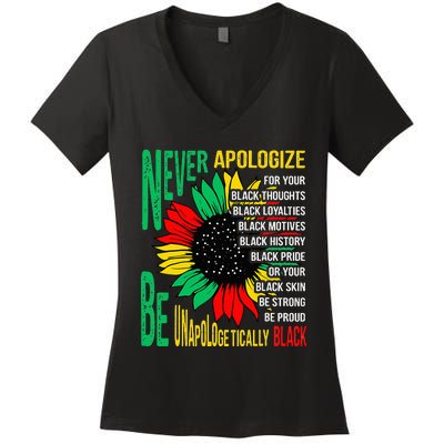 Never Apologize For Your Blackness Black History Juneteenth Women's V-Neck T-Shirt