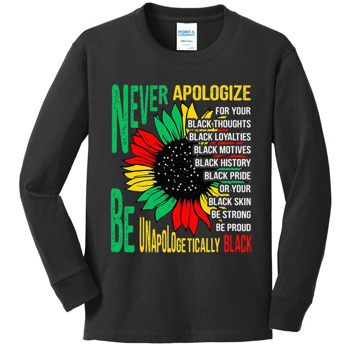 Never Apologize For Your Blackness Black History Juneteenth Kids Long Sleeve Shirt