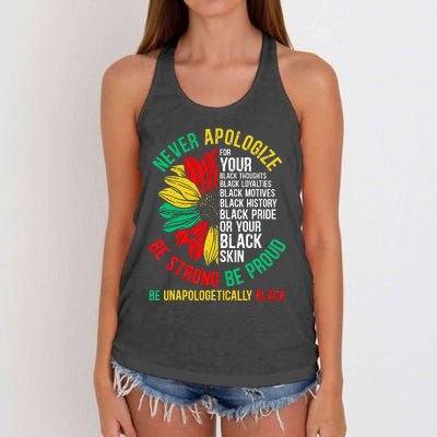 Never Apologize For Your Blackness Black History Juneteenth Women's Knotted Racerback Tank