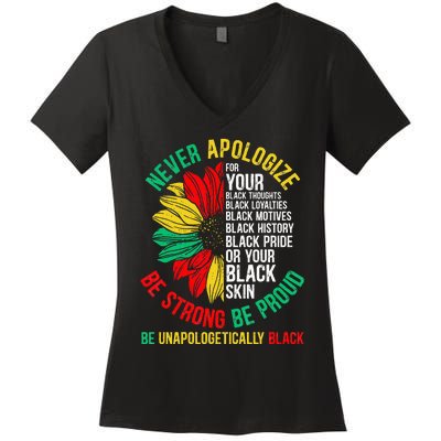 Never Apologize For Your Blackness Black History Juneteenth Women's V-Neck T-Shirt