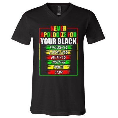 Never Apologize For Your Blackness Black History Juneteenth V-Neck T-Shirt