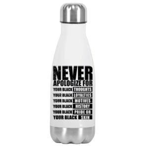 Never Apologize For Your Black Thoughts Black History Month Stainless Steel Insulated Water Bottle