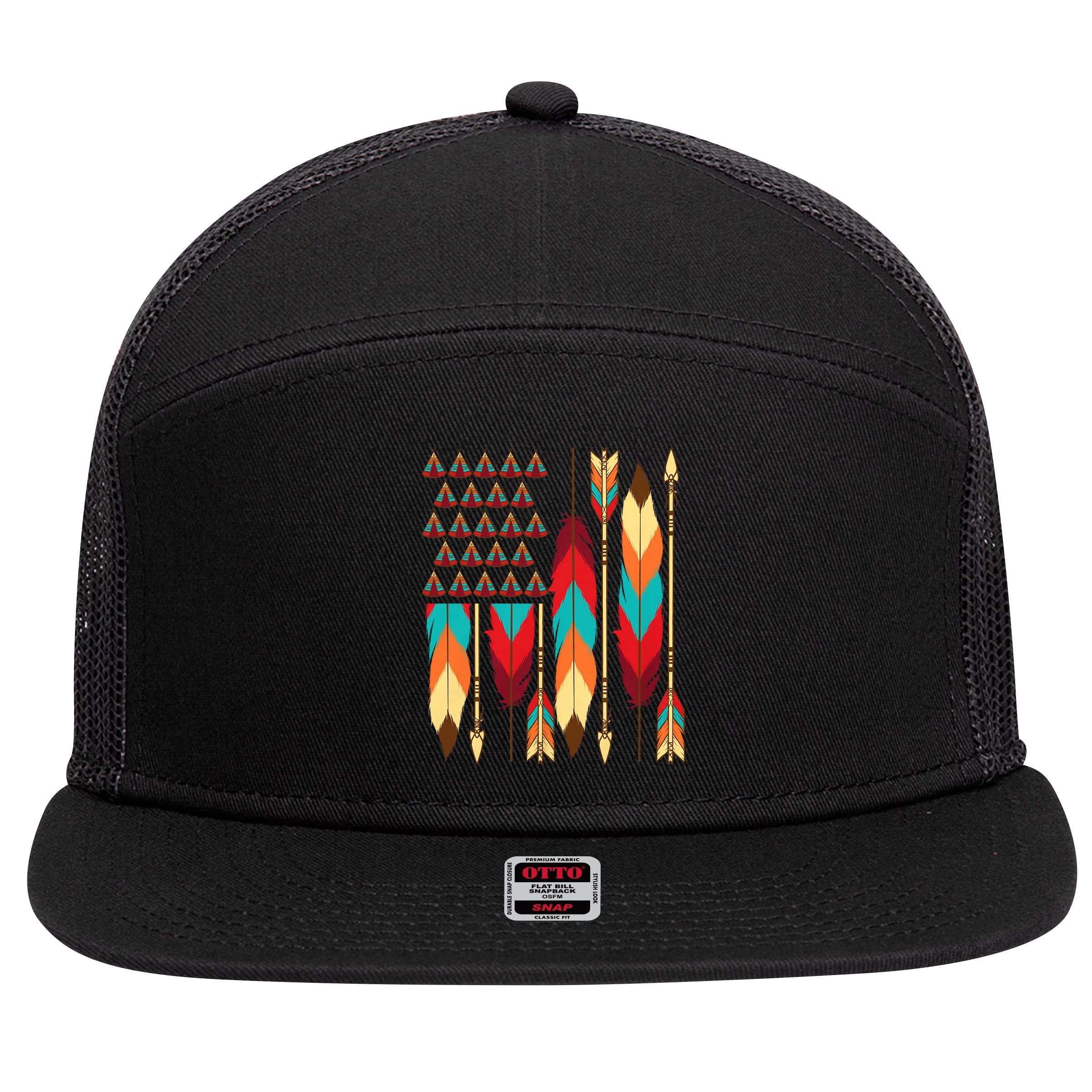 Native American Flag - Pride Month Indigenous People Veteran 7 Panel Mesh Trucker Snapback Hat