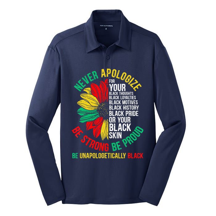 Never Apologize For Your Blackness Black History Juneteenth Silk Touch Performance Long Sleeve Polo