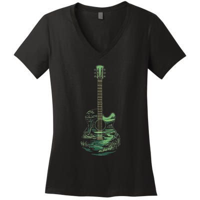 Nature Acoustic Guitar Forest Landscape Women's V-Neck T-Shirt