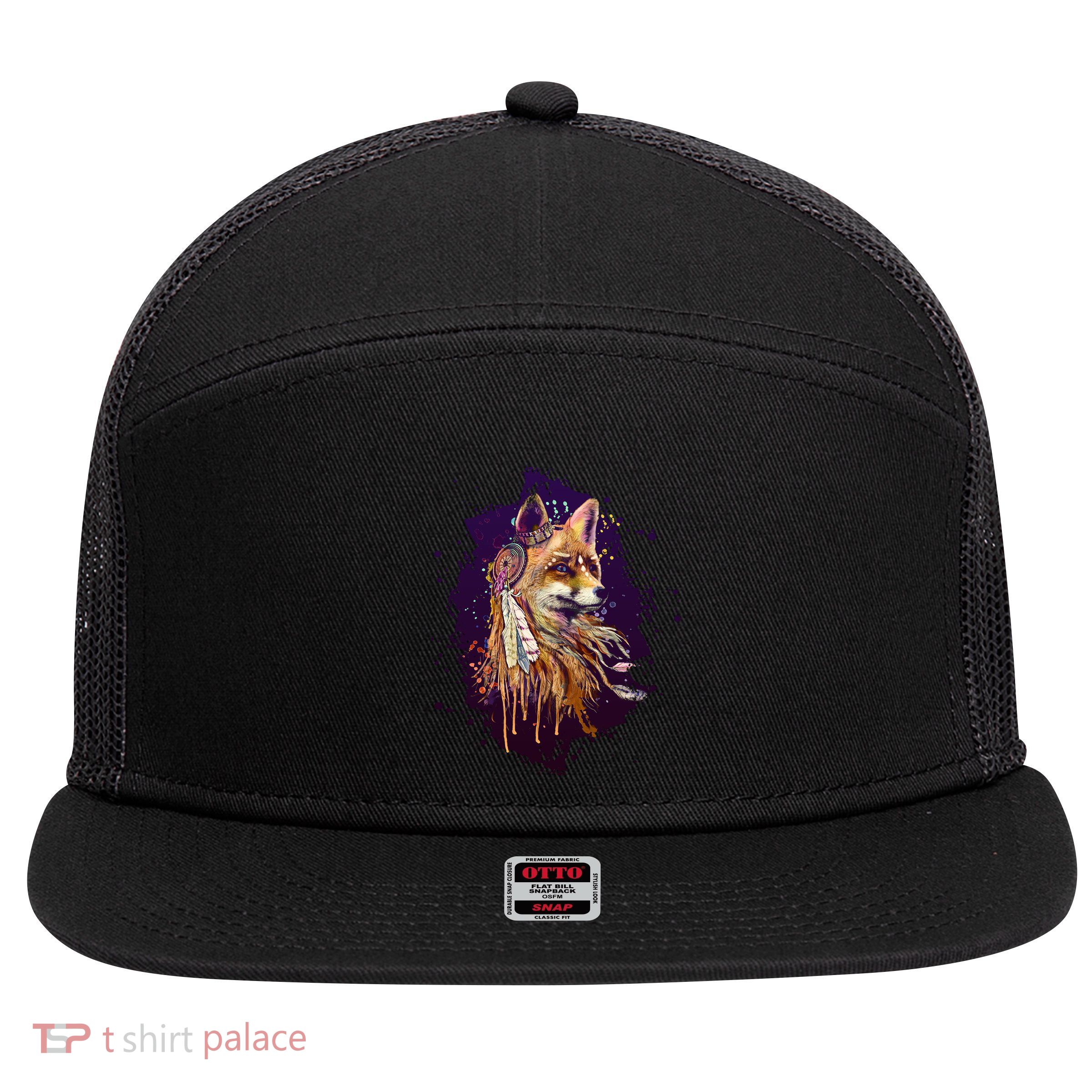 Native American Head Dress Fox Paint Splatter 7 Panel Mesh Trucker Snapback Hat