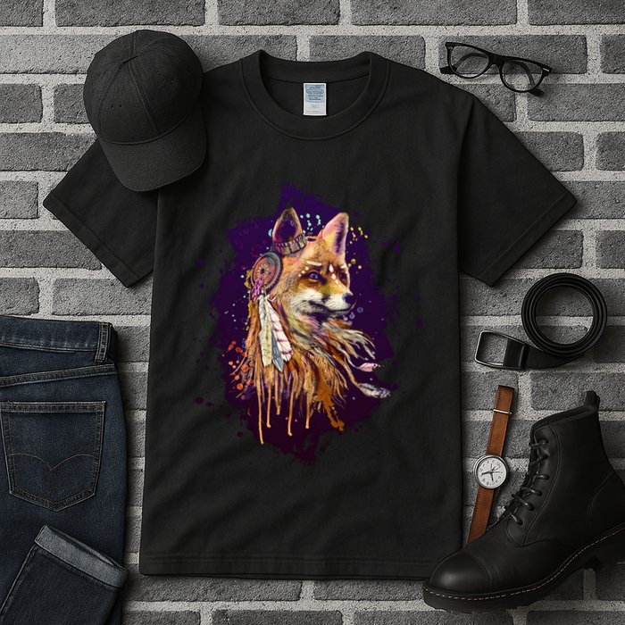 Native American Head Dress Fox Paint Splatter Tall T-Shirt