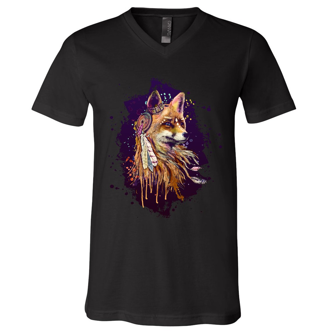 Native American Head Dress Fox Paint Splatter V-Neck T-Shirt