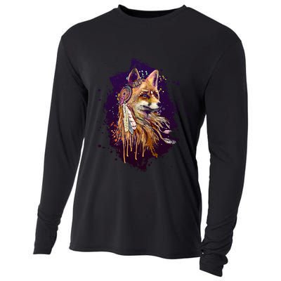 Native American Head Dress Fox Paint Splatter Cooling Performance Long Sleeve Crew