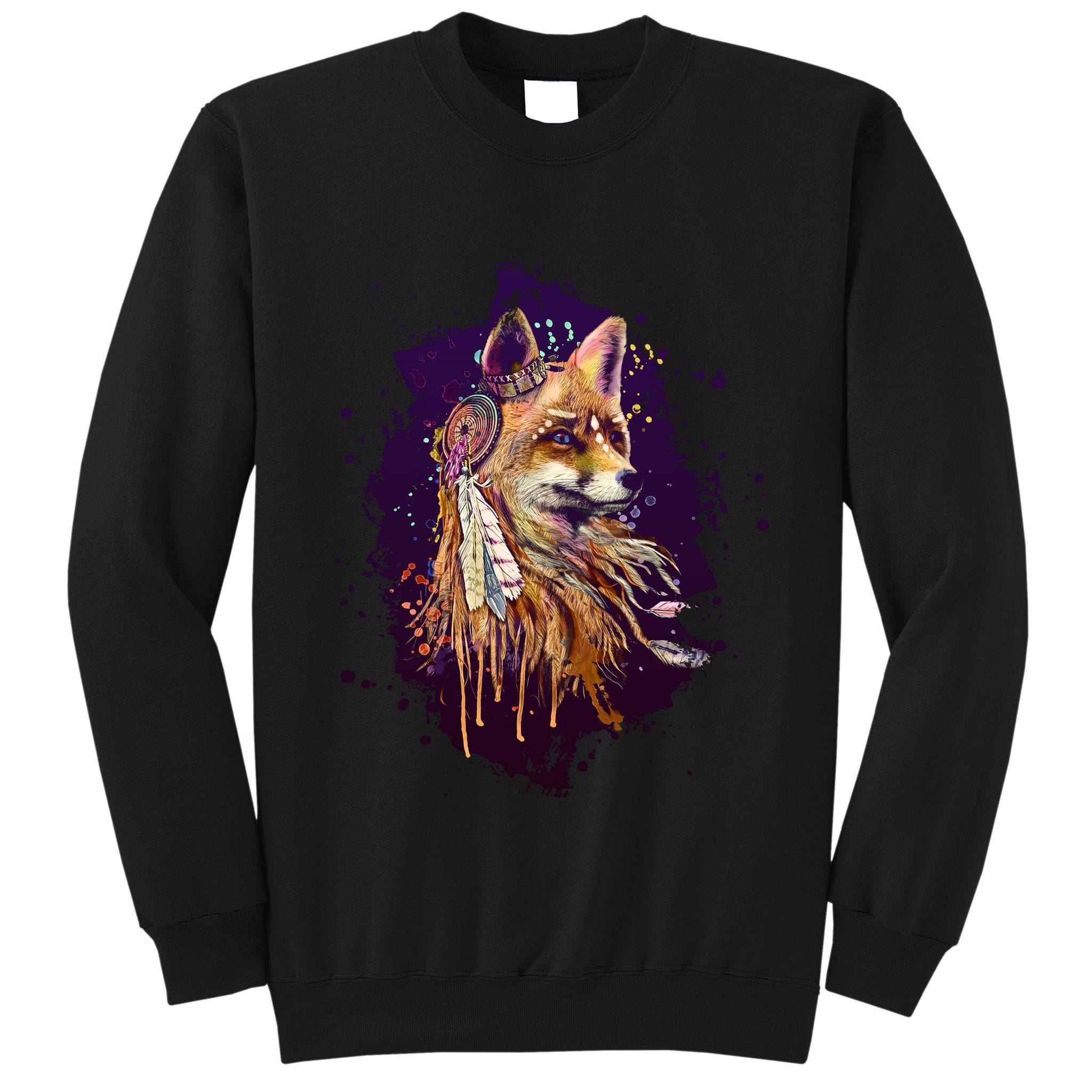 Native American Head Dress Fox Paint Splatter Tall Sweatshirt