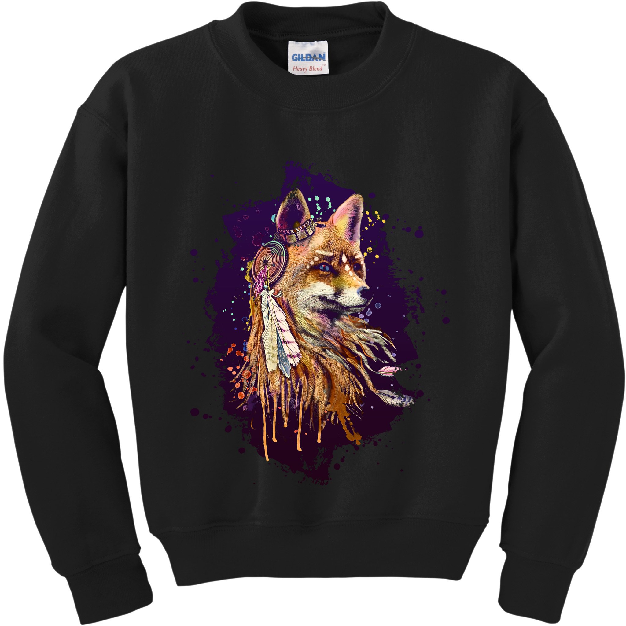 Native American Head Dress Fox Paint Splatter Kids Sweatshirt