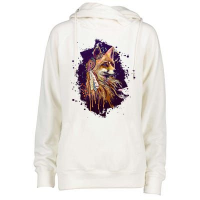 Native American Head Dress Fox Paint Splatter Womens Funnel Neck Pullover Hood