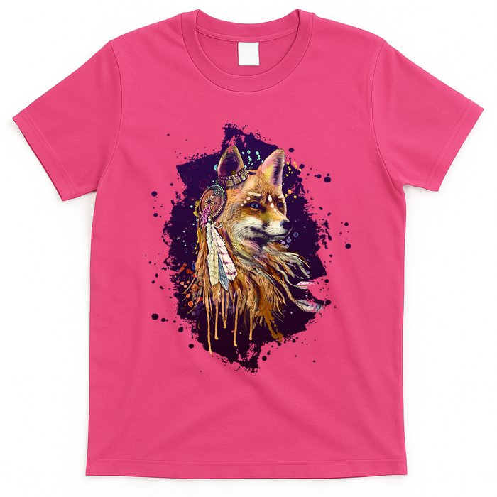Native American Head Dress Fox Paint Splatter T-Shirt