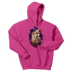 Native American Head Dress Fox Paint Splatter Kids Hoodie