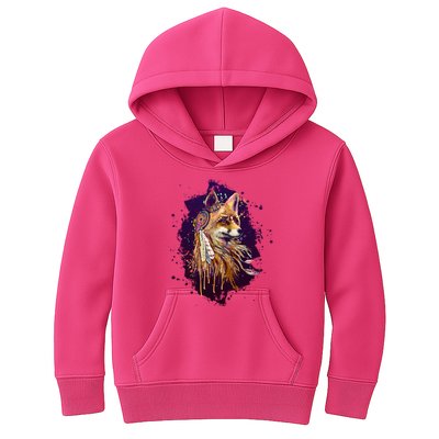 Native American Head Dress Fox Paint Splatter Kids Hoodie