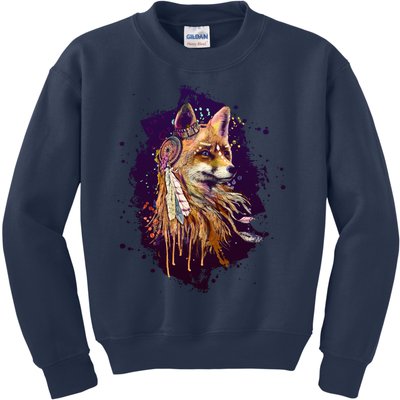 Native American Head Dress Fox Paint Splatter Kids Sweatshirt