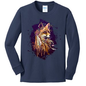 Native American Head Dress Fox Paint Splatter Kids Long Sleeve Shirt