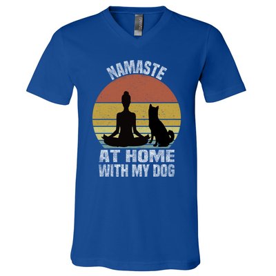 Namaste At Home With My Dog Vintage Dog Lover Owner Yoga Gift V-Neck T-Shirt