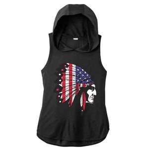 Native American Indian Chief American USA Flag 4th Of July Ladies PosiCharge Tri-Blend Wicking Draft Hoodie Tank