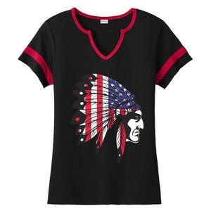 Native American Indian Chief American USA Flag 4th Of July Ladies Halftime Notch Neck Tee