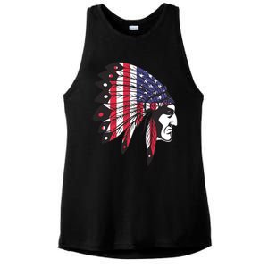 Native American Indian Chief American USA Flag 4th Of July Ladies PosiCharge Tri-Blend Wicking Tank