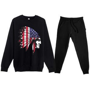 Native American Indian Chief American USA Flag 4th Of July Premium Crewneck Sweatsuit Set