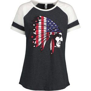 Native American Indian Chief American USA Flag 4th Of July Enza Ladies Jersey Colorblock Tee