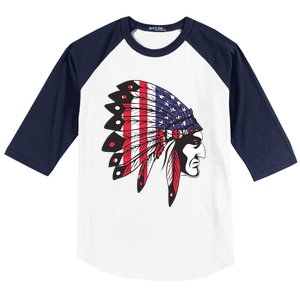 Native American Indian Chief American USA Flag 4th Of July Baseball Sleeve Shirt