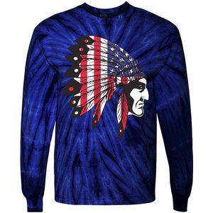 Native American Indian Chief American USA Flag 4th Of July Tie-Dye Long Sleeve Shirt