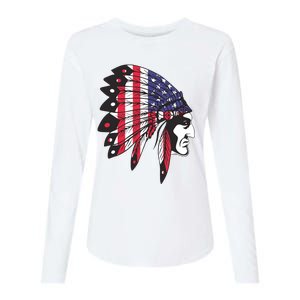 Native American Indian Chief American USA Flag 4th Of July Womens Cotton Relaxed Long Sleeve T-Shirt