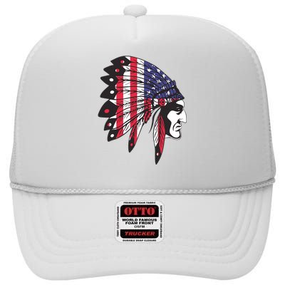 Native American Indian Chief American USA Flag 4th Of July High Crown Mesh Back Trucker Hat