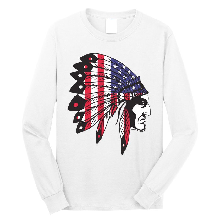 Native American Indian Chief American USA Flag 4th Of July Long Sleeve Shirt