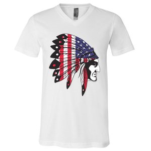 Native American Indian Chief American USA Flag 4th Of July V-Neck T-Shirt