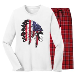 Native American Indian Chief American USA Flag 4th Of July Women's Long Sleeve Flannel Pajama Set 