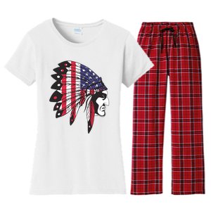 Native American Indian Chief American USA Flag 4th Of July Women's Flannel Pajama Set